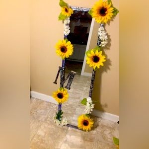 Floral mirror w/t sunflowers, white flowers and purple,black, silverglitter trim